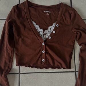 Chocolate Brown Button-Down Women's Lace Bow Top